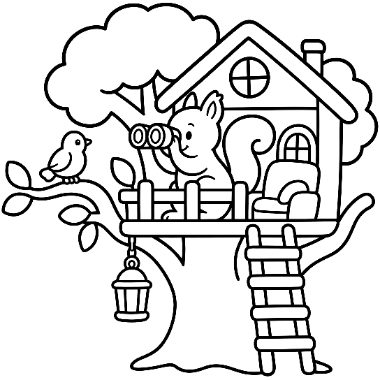 A line drawing of a squirrel looking through binoculars in a treehouse, with a bird on a branch and a ladder leading up.