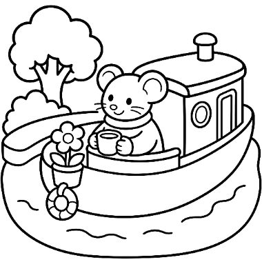 A cartoon mouse holds a cup while sitting on a houseboat, with a potted flower and a tree in the background.
