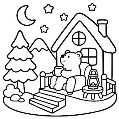 A bear sits in a chair on a cabin porch holding a mug, with a crescent moon, stars, trees, and mountains outside.