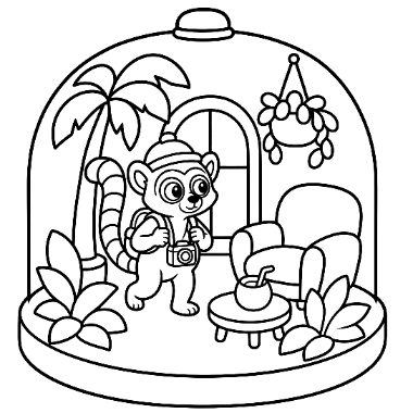 Line art of a cartoon lemur wearing a hat and camera, standing in a domed room with a palm tree, chair, and table.