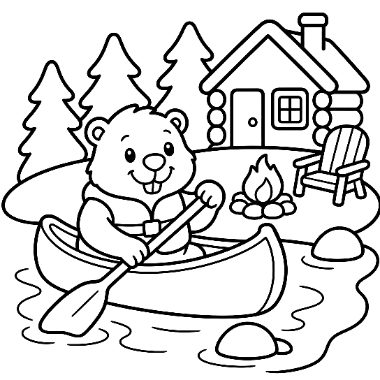 A cartoon beaver wearing a life vest paddles a canoe on a lake near a log cabin with a campfire and chair.