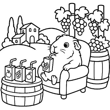 A guinea pig sits in an armchair drinking from a juice box, with grape vines, a barrel, and juice boxes nearby.
