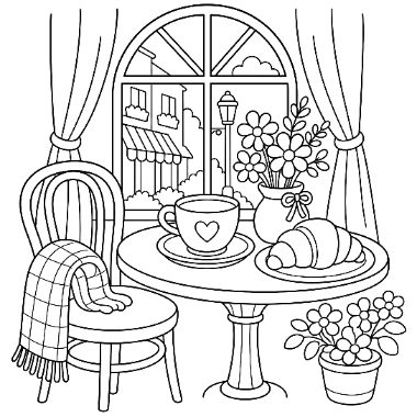 A round table with a heart-decorated teacup, croissant, and flower vase sits by a chair near an arched window overlooking a street.