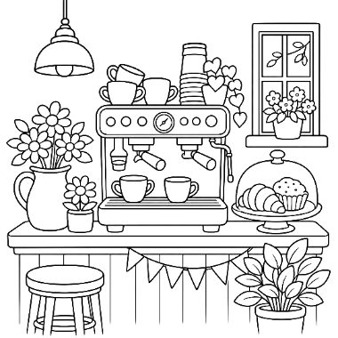 Line art of an espresso machine on a counter with cups, a cake stand with pastries, a flower vase, and a stool nearby.