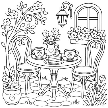 Line drawing of a small round cafe table with two chairs, teacups, cake, and a flower vase, near a window and lantern.