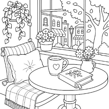 A line drawing of a cushioned chair and round table with tea, a book, and flowers beside a window overlooking a town.