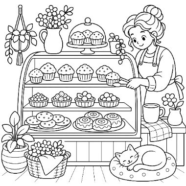 A woman arranges muffins in a glass bakery display case filled with pastries, cookies, and donuts, while a cat sleeps nearby.