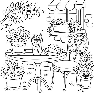 A round café table with a croissant, iced drink, and potted flowers, beside an ornate chair near a window with an awning.
