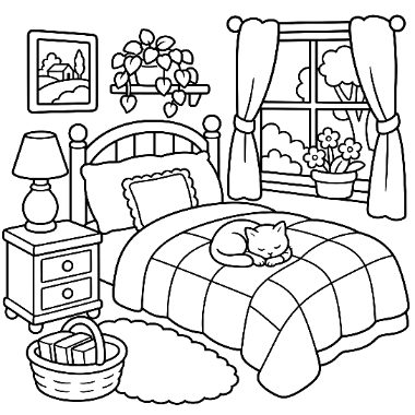 Line drawing of a bedroom with a bed, nightstand and lamp, a cat sleeping on a quilt, and a window with curtains.