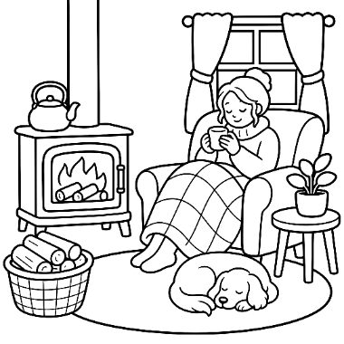 A woman in a chair with a blanket and mug sits by a wood stove, with a sleeping dog and firewood basket nearby.