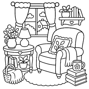 Line drawing of a living room with an armchair, pillow, side table with lamp and flowers, basket, mug, and books near a window.
