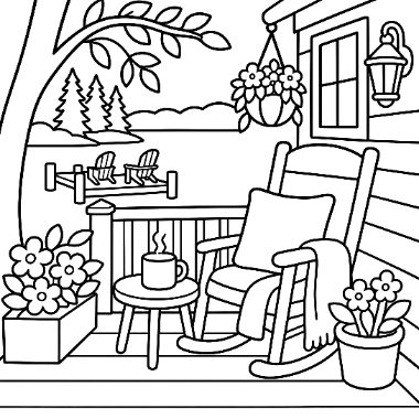 A porch scene with a rocking chair, hanging flower basket, a mug on a small table, and a lake view through the railing.