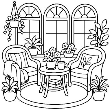 Line drawing of two wicker armchairs around a small table with flowers, surrounded by potted plants and arched windows.