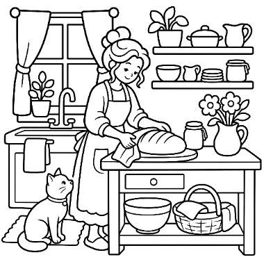 Line drawing of an elderly woman in an apron kneading bread dough at a kitchen table, with a cat sitting nearby.