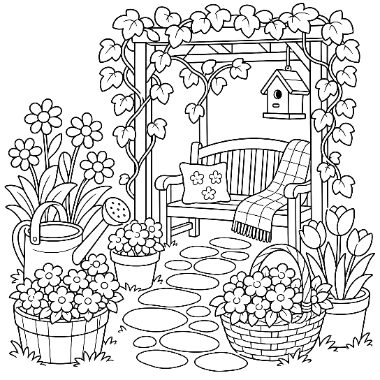 A wooden bench with a pillow and blanket sits under a leafy arbor with a birdhouse, surrounded by potted flowers.