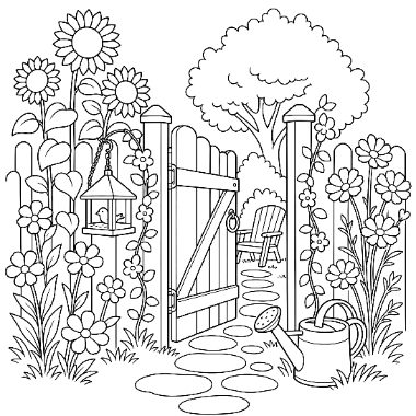 Line drawing of an open garden gate flanked by sunflowers and vines, with a bird feeder, stepping stones, and a watering can.