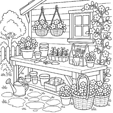 A potting bench with pots, gardening gloves, and hanging flower baskets sits outside a house, surrounded by flower baskets and stepping stones.