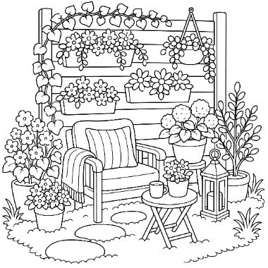 Line art of a cozy garden patio with an armchair, small table, potted flowers, hanging plants, and a lantern.