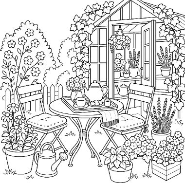 Line drawing of a garden patio with a tea table and chairs, potted flowers, and a greenhouse in the background.