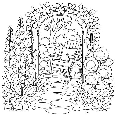 A flower-covered garden arch frames a chair and basket on a stepping stone path surrounded by blooming flowers.