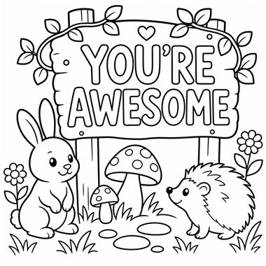 A cartoon rabbit and hedgehog sit near mushrooms and flowers under a wooden sign reading you're awesome, decorated with vines and leaves.