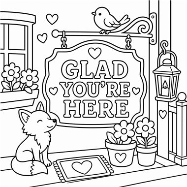 A cute fox sits on a porch mat below a hanging sign reading 'Glad You're Here,' with a bird, flowers, and a lantern nearby.