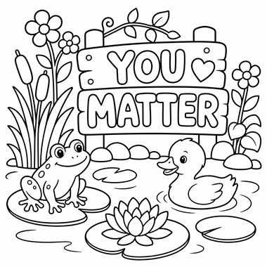 A smiling frog and duck sit among lily pads and cattails beneath a wooden sign reading You Matter.