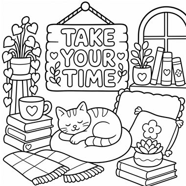 A sleeping cat curls on a cushion beneath a hanging sign that reads Take Your Time, surrounded by books, plants, and a teacup.