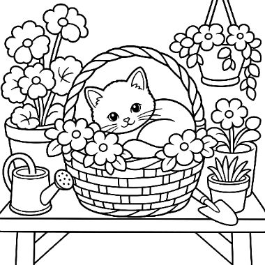 A kitten sits in a woven basket surrounded by flowers, with a watering can, potted plant, and small shovel nearby on a table.