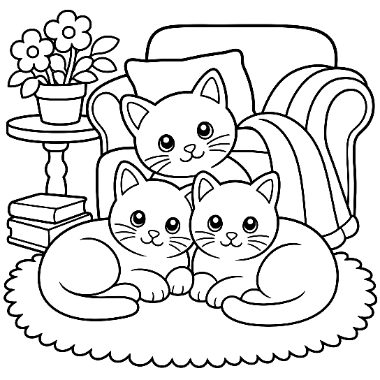 Three cartoon kittens sit and lie on a round rug in front of an armchair, with a plant and stacked books nearby.