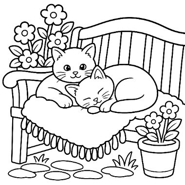 Line drawing of two cats on a cushioned bench with flowers behind them and a potted flower beside stepping stones.