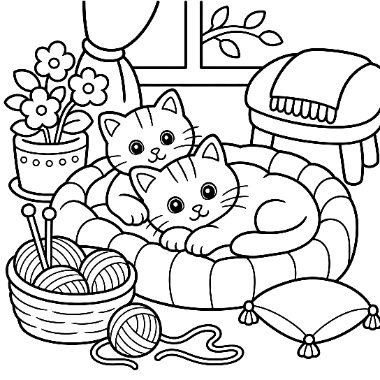 Two cartoon kittens cuddle on a round cushion near a yarn basket, window, potted flowers, and a chair.