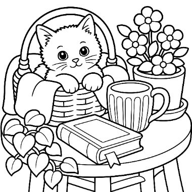 A kitten peeks out of a woven basket beside a book, teacup, and potted flowers on a table.