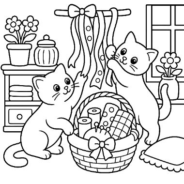 Two kittens play with a sewing basket, one pulling ribbon from above while the other watches, near a window and dresser.