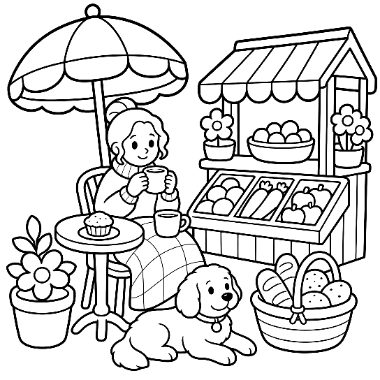 A girl sits under an umbrella drinking from a mug beside a market stall with fruit, bread, flowers, and a dog.