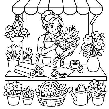 A woman arranges a bouquet at a flower market stall surrounded by potted flowers, a watering can, and a basket.