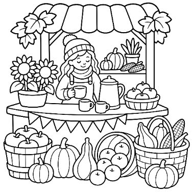 Line art of a girl in a hat holding a mug at a market stall with pumpkins, sunflowers, apples, and corn baskets around her.