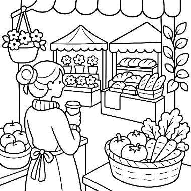 Line art of a woman holding a drink, browsing a farmers market stall with flowers, bread, and a basket of vegetables.