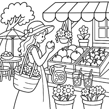 A girl in a sun hat holds an apple while carrying a flower basket at an outdoor market stall with fruit crates and drinks.