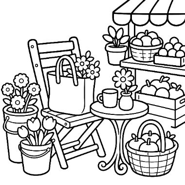 A folding chair, potted flowers, a tote bag, a small table, and baskets of apples sit under an awning at a market stall.