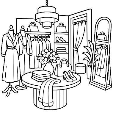 Line drawing of a clothing boutique with mannequins, a coat rack, shelves of bags and shoes, a table with flowers, and a standing mirror.
