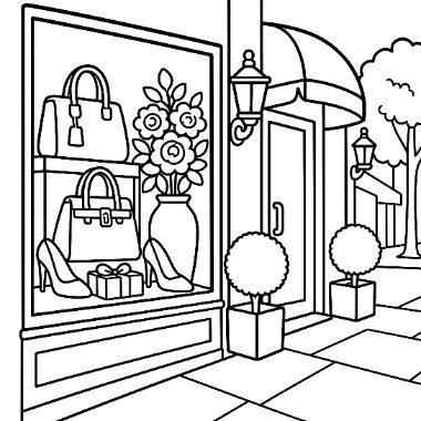 A shop window shows handbags, flowers in a vase, high heels, and a gift box, with an awning and topiary plants outside.