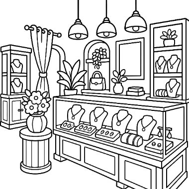 A jewelry shop interior with display cases holding necklaces and bracelets, shelves, hanging lamps, a plant, and a curtain.