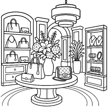 A boutique interior with shelves of handbags, a jewelry cabinet, a potted plant, and a round table holding a flower vase and purses.