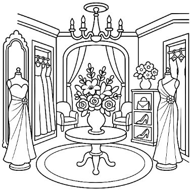 A line drawing of a bridal shop with two gowns on mannequins, a chandelier, armchairs, and a vase of flowers on a round table.