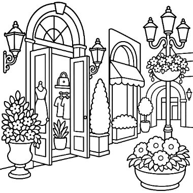 Line drawing of a shop entrance with an open door, dress display, potted plants, hanging flower baskets, and a street lamp.