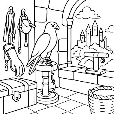 A falcon perched on a stand inside a stone room, with gloves and gear hanging nearby and a castle visible through an archway.