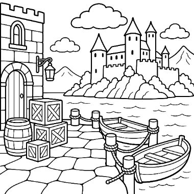 Line art of a stone castle on a hillside island, viewed from a cobblestone dock with crates, barrels, and two rowboats.