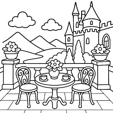 A balcony terrace with a table, two chairs, and potted flowers overlooks mountains and a castle with towers.
