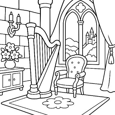 Line drawing of a harp beside an ornate armchair near a Gothic window overlooking a castle, with a flower vase and candle sconce.
